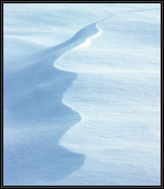 A small ridge in the snow formed by a steady wind. This was near sunset, so the sun was at a very low angle