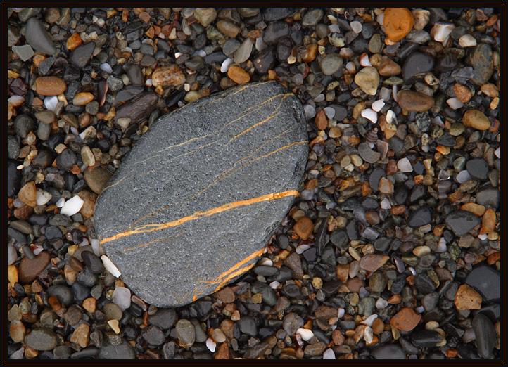 A small rock with veins of another color running through it. Laying on a beach among many rocks rounded by the pounding waves. Camera was on a tripod and the color balance was set to 