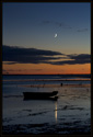 A small boat, the moon, and several seagulls in the sunset at low tide in Provincetown, Massachusetts (US).
